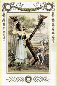 Brief, der eine Mutter mit einer Pauke und ihren Sohn als Hirten mit einer Sackpfeife darstellt, späte 19. Jahrhundert (Chromolithographie) von French School