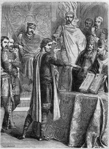 Lothar II. (825-869) leistet den Eid auf das Evangelium vor Papst Adrien II. in Rom im Jahr 869. Gravur in „Histoire des Papes-Rois-Queen und Empereurs à travers les siècles“ von Maurice Lachatre von French School