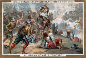 Louis II. von Bourbon, Prinz von Condé, bekannt als Le Grand Condé, in der Schlacht bei Freiburg 1644. Chromolithographie des 19. Jahrhunderts