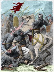 Ludwig VI genannt „Der Dicke“ (1081 - 1137), in der Schlacht von Brenneville, versuchte 1119, die Normandie von König Heinrich I. von England zu erobern. Gravur in „Histoire De France En Cent Tableaux“ von Paul Lehugeur 1891 von French School