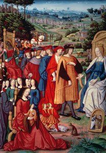 Ludwig XII., Kardinal Georges von Amboise (1462-1515), Anne von Bretagne und Claude von Frankreich, aus Remedies and Fortunes von Petrarca, 1503