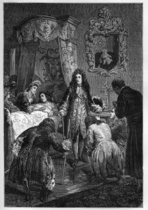 Ludwig XIV. besucht Jakob II. auf seinem Sterbebett - Besuch von Ludwig XIV., König von Frankreich, bei Jakob II. von England (Jakob II. Stuart) (1633-1701) im Sterben - Gravur in „L
