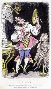 Louis XIV.: der große König, vernachlässigt, seinen Sonnenstrahl polierend - in „Histoire de France Tintamarresque“ von Touchatout von French School