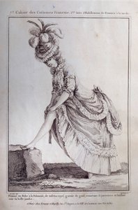 Mode unter Ludwig XVI.: ein Fußporträt einer jungen Frau in einem polnischen Kleid aus gestreiftem Taft. Gravur von 1778. Paris, dekorative Künste von French School