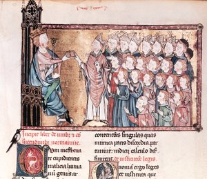 Louis X (1289-1316) der Sture übergibt die Charta an die Normannen, aus Le Grand Coutumier de Normandie, um 1340