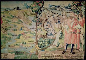 Lugdus (1672-21 v. Chr.) vor einer Darstellung der Stadt Lyon, Arras-Werkstatt, ca. 1530