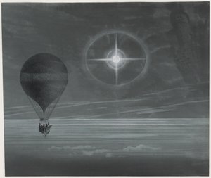 Mondhalo und leuchtendes Kreuz während des Langstreckenflugs des Ballons Zénith von Paris nach Bordeaux im März beobachtet