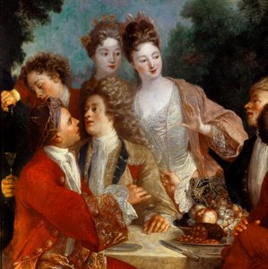 Mittagessen im Park. Detail des Gemäldes der französischen Schule des 18. Jahrhunderts. Orléans Museum der Schönen Künste