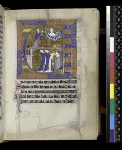 MS 300 f.107r, David betet zu Gott (oben), zwei Kleriker (unten), aus dem Psalter und Stundenbuch der Isabella von Frankreich, Paris, ca. 1265-70