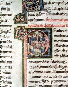 MS 3 Fol. 291v Die Flucht des Heiligen Paulus aus Damaskus, illuminierter Initialbuchstabe P, 13. Jahrhundert, aus der Avranches-Bibel von French School