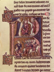 Historisierte Initiale R, die König Balduin I. von Flandern (1171-1205) zeigt, wie er 1204 zum lateinischen Kaiser gekrönt wird und seine Großzügigkeit gegenüber einer türkischen Frau, die ihr Kind wegschickt von French School