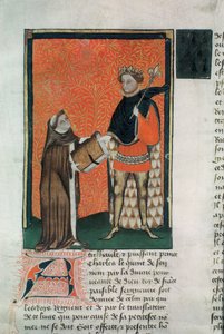 MS Hunter 8 f.9r Der Übersetzer Courbichon überreicht das Buch an Karl V.