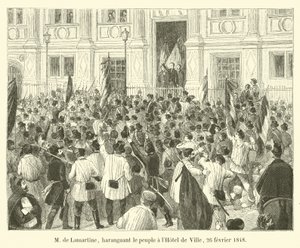 M. de Lamartine, der das Volk im Hôtel de Ville anspricht, 26. Februar 1848 von French School