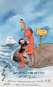 Mais oui, mon garcon, je veux bien te le preter..., Karikatur, die Zola und den Teufel auf der Teufelsinsel zeigt, wie sie über die Dreyfus-Affäre debattieren