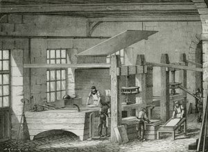 Papierherstellung von Hand durch Sieben von Zellstoff. Gravur um 1870. von French School