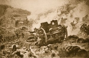 Mann gegen Mann! Französische Infanterie verfolgt eine fliehende deutsche Batterie in einem regennassen Tal der Argonnen, 1914-19 von French School