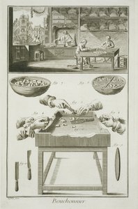 Herstellung von Flaschenkorken, aus der Encyclopedie des Sciences et Metiers von Denis Diderot (1713-84) veröffentlicht ca. 1770