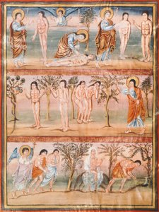 Manuskriptseite mit Episoden aus dem Leben von Adam und Eva: Erschaffung von Adam und Eva. Die Erbsünde. Vertreibung aus dem Paradies