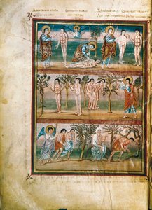 Manuskriptseite mit Episoden aus dem Leben von Adam und Eva: Erschaffung von Adam und Eva. Die Erbsünde. Vertreibung aus dem Paradies (Miniatur) von French School