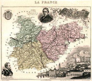 Karte von Tarn-et-Garonne mit einer Ansicht von Montauban und Porträts von Ingres und Jean Parisot de La Valette von French School