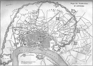 Karte der Stadt Antwerpen (Belgien) im Jahr 1859; Darstellung des Projekts der neuen Befestigungen. Gravur in „Le Monde Illustré“ Nr. 128 vom 24. September