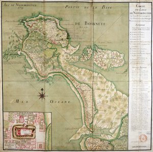 Karte der Insel Noirmoutier begleitet von einer Karte des Schlosses, erstellt 1769. von French School