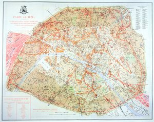 Karte, die das Ausmaß der Arbeiten während der Haussmann-Periode der Entwicklung in Paris von 1854-71 zeigt, 1871