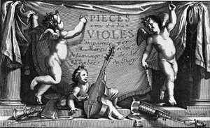 Marin Marais, Frontispiz von „Pieces a une et feux viololes“ von French School