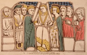 Hochzeit von Heinrich VI. von England (1421 - 1471) und Margarita von Anjou (1429 - 1482) im Jahr 1445. Kupferstich von 1793. Bibl. der Künste Deco in Paris von French School