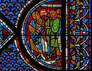 Maria-Magdalena-Fenster: Menschen bei der Auferweckung des Lazarus von French School