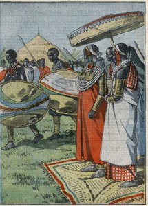Masai-Brauch: Nach einer Löwenjagd zieht die Ehrengarde an der Königin vorbei, die Drahtketten trägt - "Le Pelerin" 14. Oktober von French School