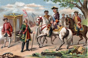 Maurice von Sachsen, Marschall von Sachsen (1696-1750), siegreich in der Schlacht von Fontenoy, traf Ludwig XV. von Frankreich (1710-1774). Chromolithographie um 1890