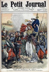 Medaille für Veteranen des Krieges von 1870-1871: Allegorie Frankreichs, die den Helden der Vergangenheit Gerechtigkeit widerfahren lässt - „Le Petit Journal“ vom 19. Dezember 1909 (Gravur)