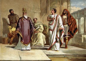 Treffen zwischen Kaiser Flavius Julius Valens (328-378) römischer Kaiser und Sankt Basilius von Cäsarea oder Basilius der Große (330-379), Bischof und Kirchenvater. Chromolithographie aus dem späten 19. Jahrhundert von French School