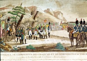 Treffen von Kaiser Napoleon I. und Kaiser von Österreich, Franz II. (1768 - 1835) nach der Schlacht von Austerlitz am 2.12.1805. von French School