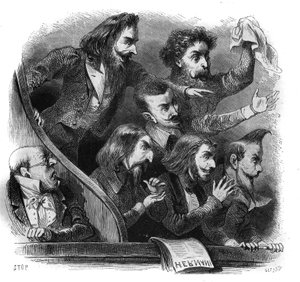 Mitglieder der romantischen literarischen Bewegung bei der ersten Aufführung von Victor Hugos Stück „Hernani“ an der Comédie-Française in Paris, 25. Februar
