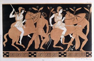 Männer im Kampf mit Amazonen zu Pferd, nach einer antiken griechischen Vase von French School