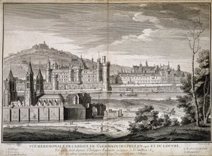 Südansicht der Abtei Saint Germain des Pres und des Louvre im Jahr 1410 von French School