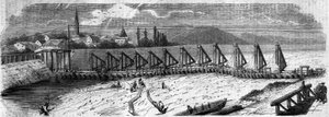 Meteorologisches Phänomen: Austrocknung des Rheins im Jahr 1858. Ansicht der Kehler Brücke (Deutschland), aufgenommen flussabwärts von der französischen Küste. Gravur in „Le Monde Illustré“ Nr. 50 vom 27. März 1858 von French School