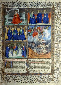 Miniatur, die das Himmelreich vor der Schöpfung darstellt: Sapientia, die Dreifaltigkeit und die Vertreibung Luzifers aus dem Himmel, ca. 1410