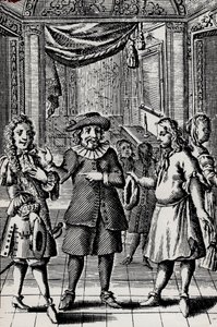 Der Geizige, Gravur aus Molières Werk, Pseudonym von Jean-Baptiste Poquelin (1622-1673) - Szene aus dem Stück L