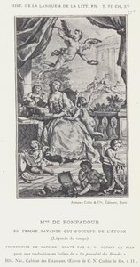 Mme De Pompadour, als gelehrte Frau, die sich mit dem Studium beschäftigt, Legende der Zeit (Lithographie)