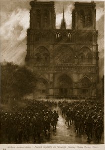 Französische Infanterie auf Urlaub passiert Notre Dame, Paris, 1914-19