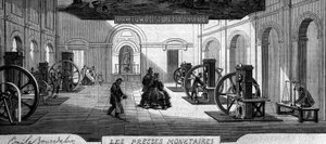 Geldherstellung: Werkstatt für Geldpressen. Gravur in „Le Monde Illustré“ Nr. 145 vom 21. Januar 1860.