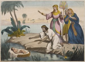 Moses wird aus dem Nil gerettet, Illustration aus einem Katechismus L