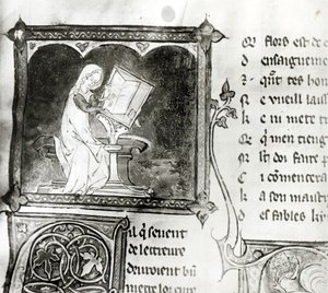 Marie de France (fl. 12. Jahrhundert) schreibt, aus einer Anthologie französischer Gedichte, ca. 1280-90 (Detail) von French School