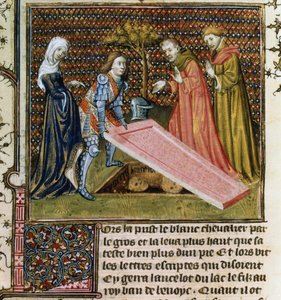 Lancelot hebt den Stein von seinem eigenen vorherbestimmten Grab und erfährt seinen Namen und seine Herkunft, aus dem Livre de Messire Lancelot du Lac
