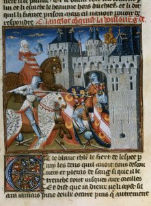 Sir Lancelot erobert Dolorous Garde mit Hilfe eines neuen Schildes, den ihm die Dame vom See gegeben hat, aus dem Livre de Messire Lancelot du Lac