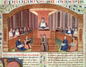 Eine Lektion in Theologie an der Sorbonne, aus Postilles sur le Pentateuch, Illustration zum Text von Nicolas de Lyre von French School