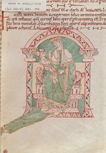 Ms 1408 fol.51 Jungfrau und Kind mit St. Gregor dem Großen (540-604) aus Sermons et Vies de Saints von French School